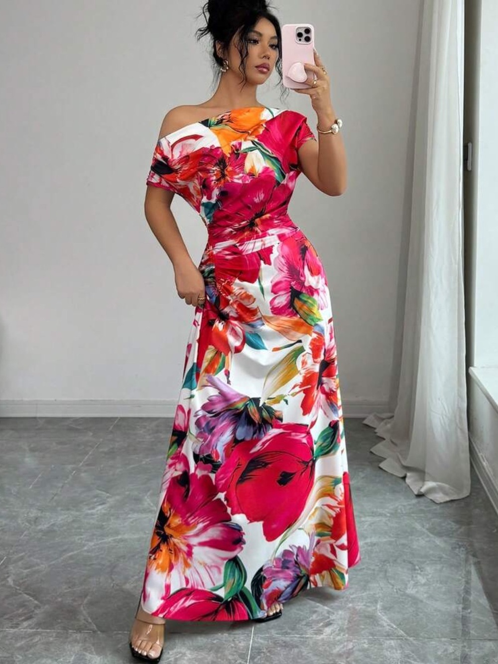 Ovelo Floral One Shoulder Maxi Dress – Women’s Ruched Elegant A-Line Dress